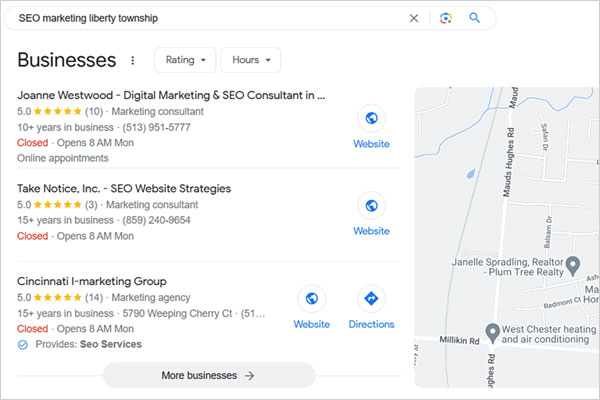 shows google 3-pack; 3 local business next to a google map